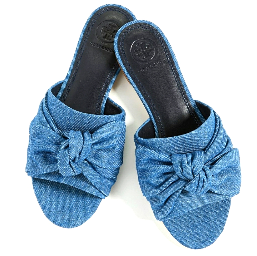 Tory Burch Annabelle Blue Denim Bow Sandal Slide. Brand new. Worn one time.